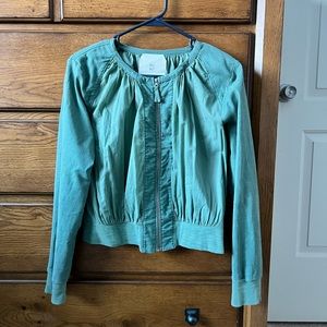 Anthropologie Hei Hei Hilltop Ruched Olive Green Cotton/Linen Blend Zip Bomber